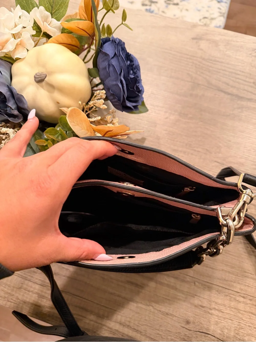 kate spade Black Leather Shoulder Bag with Pink Interior Accents & Gold Hardware